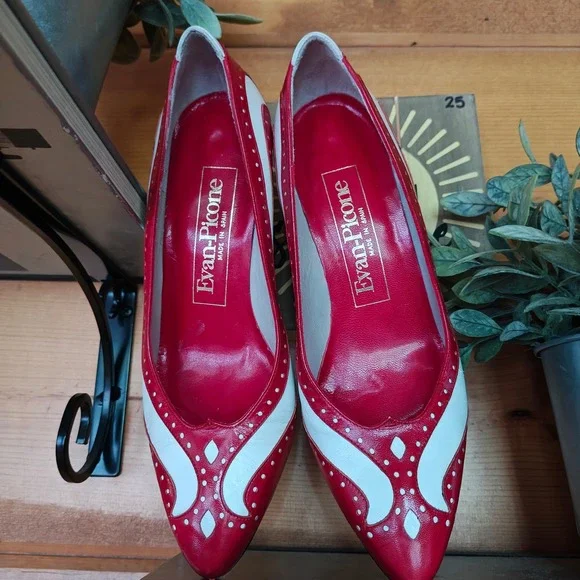 Evan Picone Vintage Leather Scalloped Spectator Pumps Red White Heels Chic Sz 5M - Picture 7 of 10